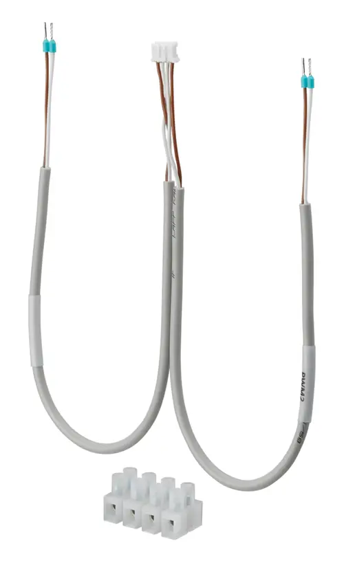 Graues Kabel mit zwei Adernpaaren mit blauen Steckern, verbunden mit einem weißen Stecker und mehreren durchsichtigen Verbindungsügern, hergestellt von Oventrop.